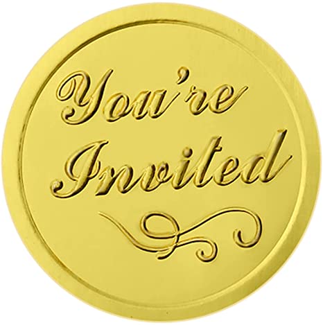 100 Pieces You're Invited Round Embossed Foil Seals Embossed Aluminum Foil Sticker Wax Seals for Wedding Envelopes Present Decoration (Gold)