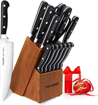 Kitchen Knife Set 15 Pieces with Block and Wooden Handle, homgeek High-Carbon 1.4116 Stainless Steel Chef Knife Set with Sharpener, Full-Tang Forged,Black