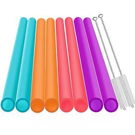 [Extra Wide ] Reusable Smoothie Straws - Great for Bubble & Boba Tea, Milkshakes - 10.25" Long, Jumbo/Large Plastic Straws with Cleaning Brushes - 10 Pieces - Eco Friendly