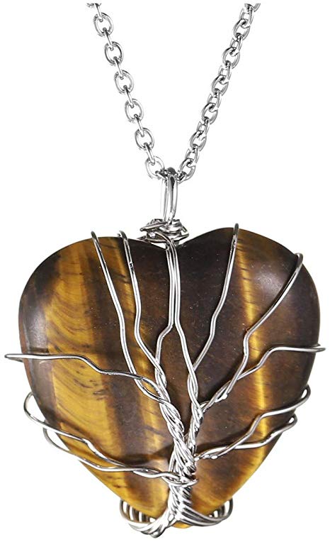 JOVIVI Love Heart Yellow Tiger Eye Healing Stone Crystal Necklace Silver Wire Wrapped Tree of Life Necklace Chakra Gemstone Pendant Mothers Day Christmas Gifts