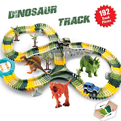 HOMOFY Dinosaur Toys 192 Pcs Race Car Track Sets Jurassic World Flexible Tracks, 3 Dinosaurs,2 Led Cars,1 Tree 2 In 1 Tunnel 2 3 4 Year Old Girls Boys (192 pcs Dinosaur Toys track set)