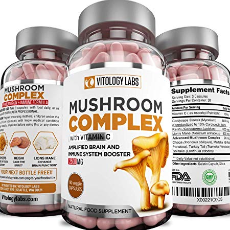 Vitology Labs| 2500MG Mushroom Supplement with Vitamin C - 7 Blend Lions Mane, Cordyceps, Reishi, Chaga, Maitake, Shiitake & Turkey Tail | Immune System & Nootropic Brain Booster for Focus & Memory