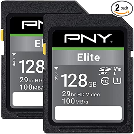 PNY 128GB Elite Class 10 U1 V10 SDXC Flash Memory Card 2-Pack - 100MB/s Read, Class 10, U1, V10, Full HD, UHS-I, Full Size SD