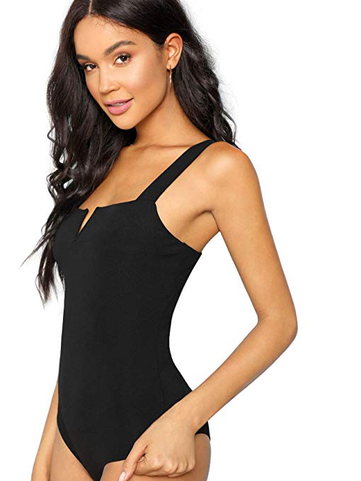 DIDK Women's Plain Sleeveless Straps V Cut Front Form Fitting Bodysuit