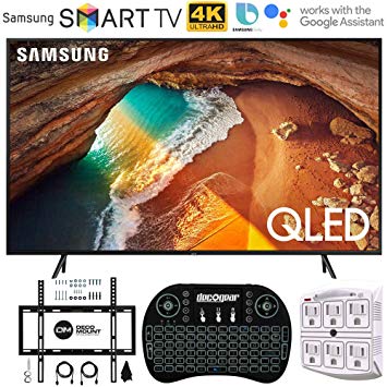 Samsung QN65Q60RA 65" Q60 QLED Smart 4K UHD TV (2019 Model) - (Renewed) w/Flat Wall Mount Kit Bundle for 45-90 TVs   2.4GHz Wireless Backlit Keyboard Smart Remote   6-Outlet Surge Adapter