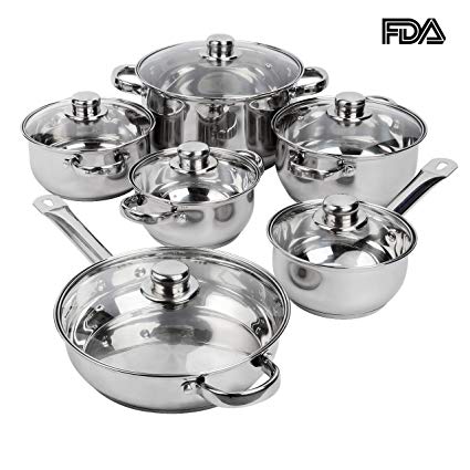 LIVINGbasics 12-Piece Stainless Steel Cookware Set, Saucepan/Casserole/Frying Pan, Dishwasher Safe, Silver