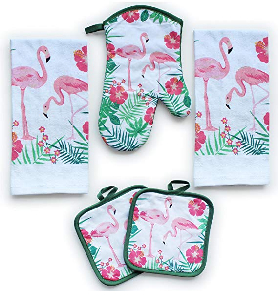 American Mills Pink Flamingos Decor 5 Piece Printed Kitchen Linen Set Includes Towels Pot Holders Oven Mitt