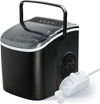 YSSOA Countertop Ice Maker with Ice Spoon and Basket, 26lbs Ice Per Day, 6 Mins 9 Bullet Ice, Self-Cleaning, Efficient for Camping, Kitchen, Office, Black