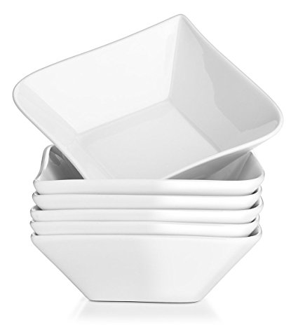 DOWAN 14-Ounce Porcelain Square Bowls for Cereal, Dessert, Set of 6, White