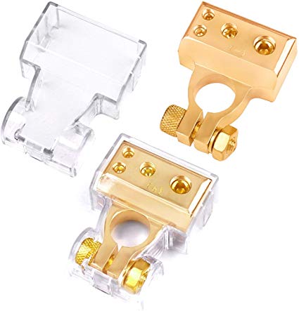 LEIGESAUDIO 0/2/4/8/10 AWG Gauge Positive & Negative Battery Terminal Clamp-Glod(Pair) (with Cover)