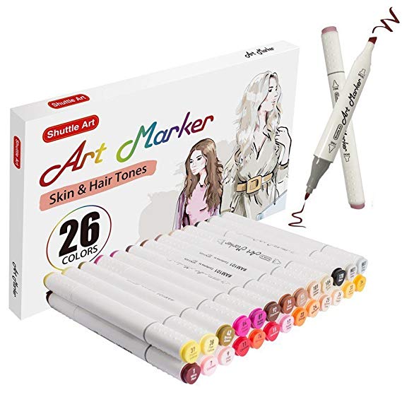 Shuttle Art 26 Colors Skin & Hair Tones Dual Tip Art Marker, Permanent Marker Pens Double Ended with Fine Bullet and Chisel Point Tips Perfect for Face, Flesh, Manga, Portrait, Sketch