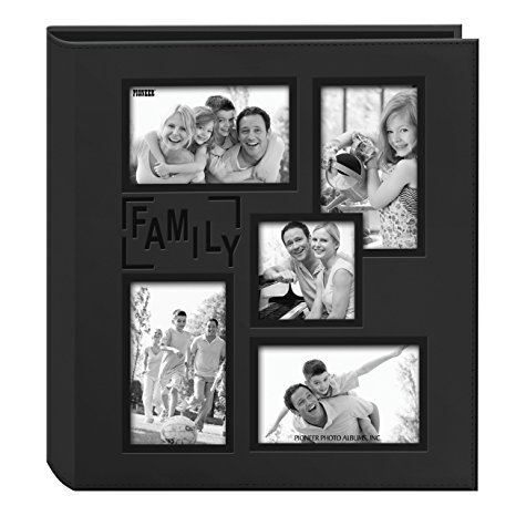 Pioneer Collage Frame Embossed "Family" Sewn Leatherette Cover 240 Pocket Photo Album, Black