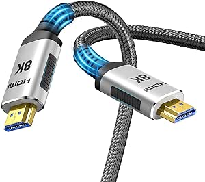 Snowkids 8K HDMI Cable 2.1 6.6FT/2M 48Gbps, 48Gbps High Speed 3D 8K60 4K120 144Hz Braided HDMI Cord eARC Vision HDR10 HDCP 2.2&2.3 Compatible with Roku TV/PS5/HDTV/Blu-ray