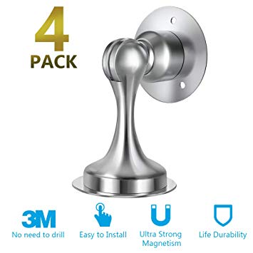 Door Stopper,4 Pack Magnetic Door Stop, Stainless Steel, Magnetic Door Catch, 3M Double-Sided Adhesive Tape, No Drilling, Screws for Stronger Mount, Hold Your Door Open, 4 Pack for Less Cost