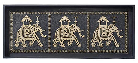 HF by LT Elephant Design Deluxe Rubber Boot Tray, 34" x 14", Heavy Duty Vulcanized Rubber Design, One-Piece Seamless Construction, Year Round Use Indoors or Outdoors, Black with Antique Gold Finish