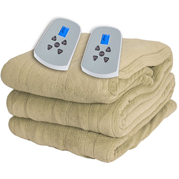 Queen Size Microplush Electric Heated Blanket with dual controllers, Beige