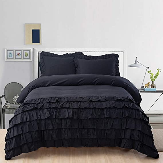 Softta Bedding Collection King Size 3Pcs Duvet Cover Sets Zipper Closure Vintage Boho Elegant Black Patchwork Ruffle 6-Layered Wavy Folds Chic Wrinkle Girl Bedding Set Designer 100% Natural Cotton