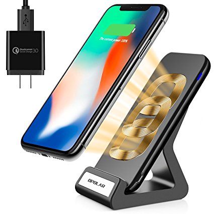 OPOLAR Fast Wireless Charger Stand and Pad (2 in 1), 10W for Samsung and 7.5W for iPhone and Other Qi-enabled Devices, 3 Coils, No Heat, Qi Certified, Including QC3.0 Charging Adapter