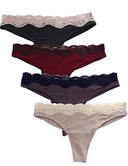 Camelia 4 Pack Women's High End Modal Trimed lace Low Rise Thong Panty Underwear