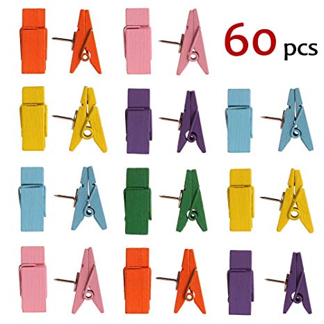 Push Pin Clips - 60 Pcs 6 Color Paper Clips with Pin for Documents/Artworks/School Projects/Photos/Notes/Papers/Cork Board/Bulletin Board - No Holes for The Paper