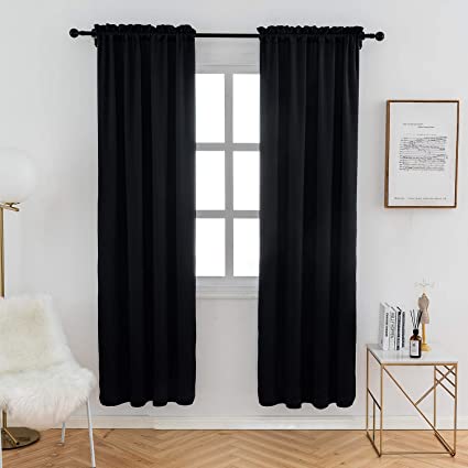 Anjee Blackout Curtain Panels 84 inches Long- Light Reducing Thermal Insulated Blackout Rod Pocket Curtains Drapes for Living Room (Set of 2, 38 inches by 84Inch, Black)
