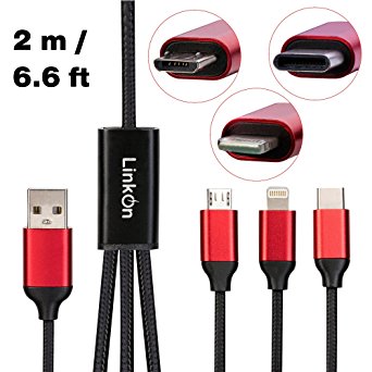 Charging Multi USB Cable LinkOn 2m/6.6ft Fast Charge 3 in 1 Braided, USB A Input, USB Type C, Micro USB and Reversible Lightning Outputs for Android, iPhone, iPad and Nintendo Switch (Black)