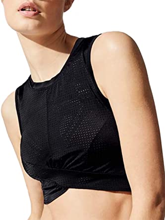 Women's Slim Fit Workout Yoga Mesh Top Perfect Landing Midi Sports Tank Front Twist Crop Gym Shirts (Black, Medium)