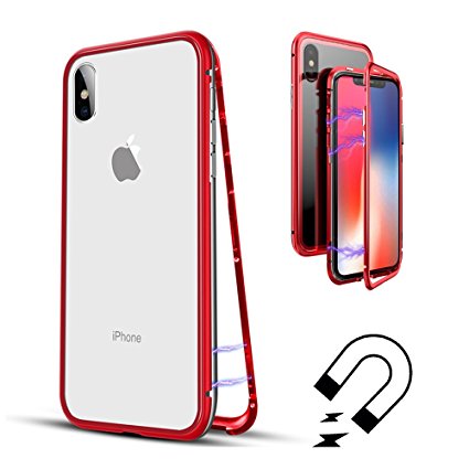 iPhone X Case, MFEEL Ultra· Slim Magnetic Adsorption Aluminum Alloy Tempered Glass Anti-Scratch Non-Slip Surface with Built-in Magnet Flip Cover for Apple iPhoneX iPhone 10
