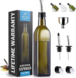 Zulay (17oz) Botella dispensadora de aceite de oliva para cocina Botella de aceite de oliva de vidrio con 2 boquillas 2 corchos extraíbles, 2 tapas y 1 embudo Botella de aceite para cocina