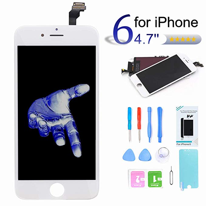Pushang Screen Replacement for iPhone 6 (4.7 Inch) Touch Digitizer LCD Display Assembly   Full Repair Tools   Screen Protector,Compatible with Model A1549, A1586, A1589 (White)