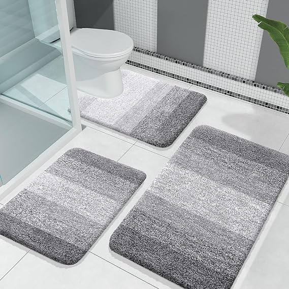 OLANLY Luxury Bathroom Rugs Sets 3 Piece, Soft Absorbent Microfiber Bath Rugs and U-Shaped Contour Toilet Rug, Non-Slip Plush Bath Carpet, Bath Mat Sets for Bathroom (30"x20" 24"x16" 24"x20", Grey)