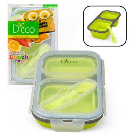 Collapsible Lunch Box- Silicone Kids Food Storage with Two Compartments and Utensil by D'Eco