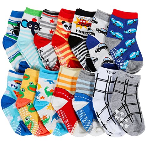 Lictin 14 Pairs Anti-slip Toddler Socks Baby Infants Socks Assorted Kids Socks Animal Print Boys Girls Socks Fun Design Colored Socks Antislip Socks Baby Socks Set Socks Gift for 1-3 Years Baby