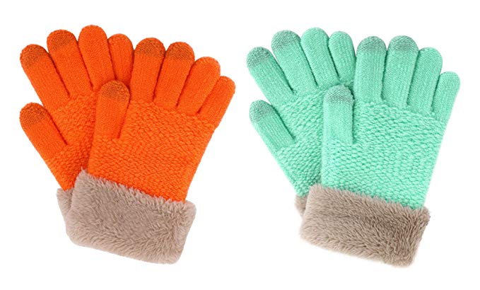 2 & 3 Pack Kids Touchscreen Winter Knit Gloves with Faux Fur Cuff