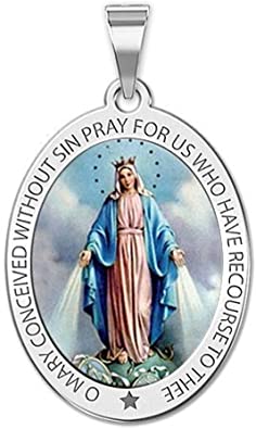 PicturesOnGold.com Miraculous Medal Necklace Color Oval Pendant - Available in Solid 14K Yellow or White Gold, or Sterling Silver