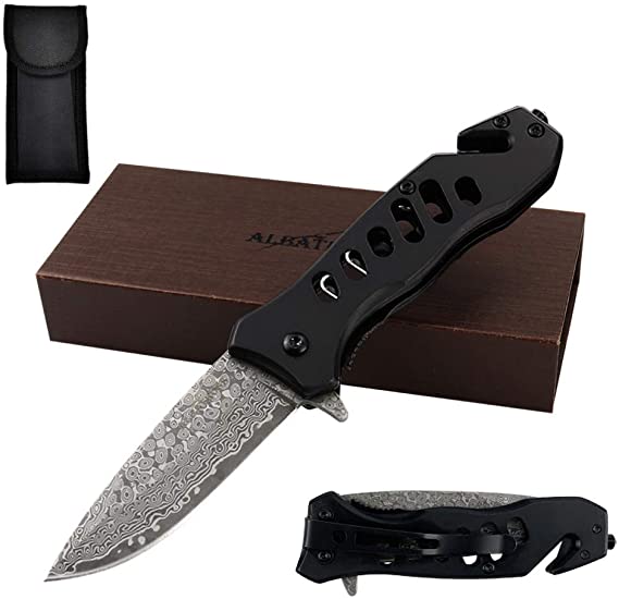 ALBATROSS EDC Cool Sharp Tactical Folding Pocket Knife with Modern Damascus Steel Blade, SpeedSafe Spring Assisted Opening Knifes with Liner Lock,Pocketclip,Glass Breaker,Seatbelt Cutter, Gifts Box