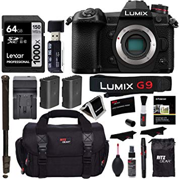 Panasonic Lumix G9 Mirrorless Camera Body 20.3 MP G9KBODY, Lexar 64GB High Speed SD Card U3, Polaroid 72" Monopod, Spare Battery, Battery Charger, Ritz Gear Cleaning Kit and Accessory Bundle