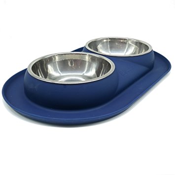 Bonza Double Dog Bowl Pet Feeding Station, Stainless Steel Water and Food Bowls with Spill and Skid Resistant Silicone Base. Premium Quality Feeder Solution for Small Dogs and Cats.