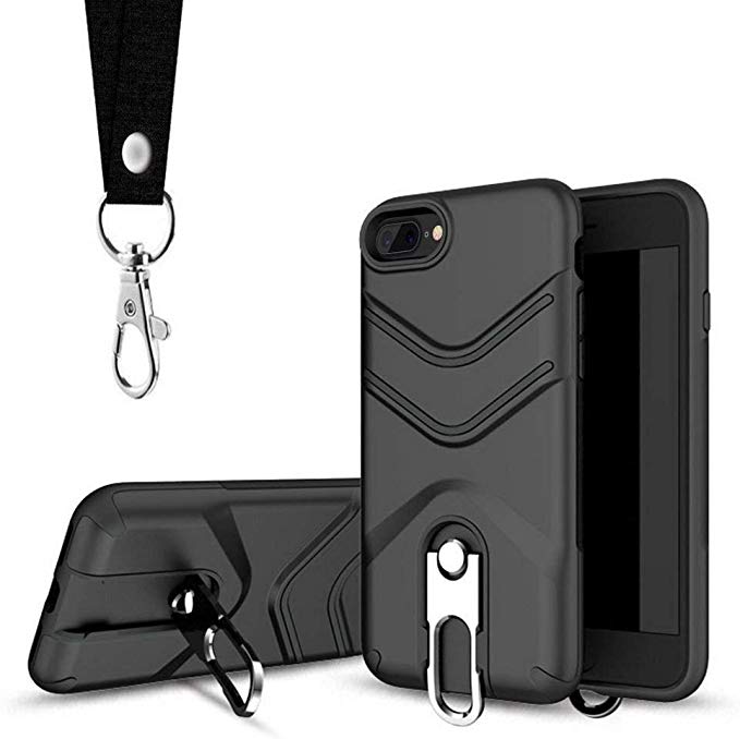 iPhone 8 Plus Case, iPhone 7 Plus Case, Suordii Lanyard Strap Case Dual Layer Hybrid Protective Case with Metal Kickstand for Apple iPhone 7/8 5.5 inch Hybrid Hard Back Cover (Black)
