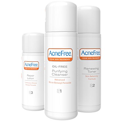 AcneFree 3 Step 24 Hour Acne Treatment Kit - Clearing System w Oil Free Face Wash,  Renewing Toner, & Repair Lotion - Acne Solution with Benzoyl Peroxide & Witch Hazel for Teens and Adults - Original