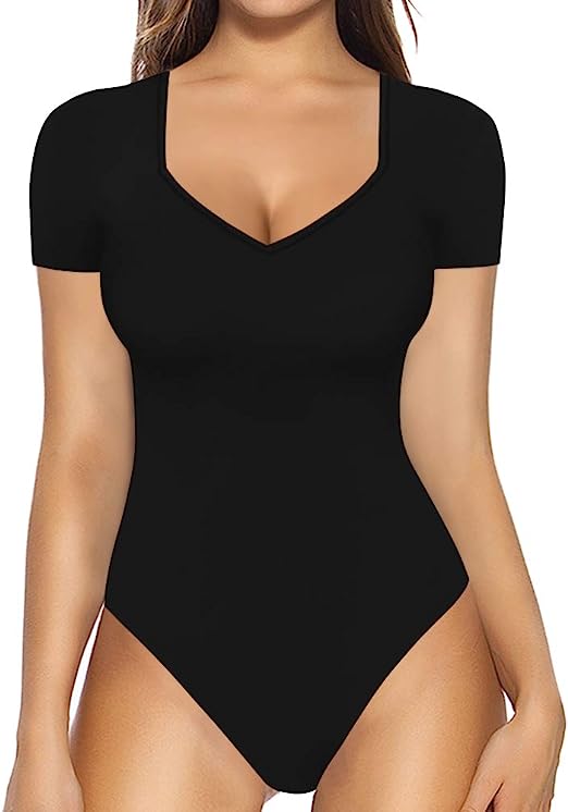 MANGOPOP Sweetheart V Neck Bodysuit for Women Short Sleeve Long Sleeve Body Suits Tops