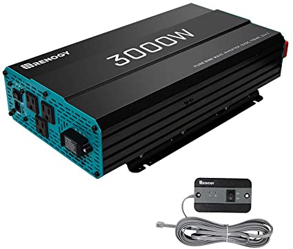 Renogy 3000W Pure Sine Wave Inverter 12V DC to 120V AC Converter for Home, RV, Truck, Off-Grid Solar Power Inverter 12V to 110V with Built-in 5V/2.1A USB Port, AC Hardwire Port, Remote Controller