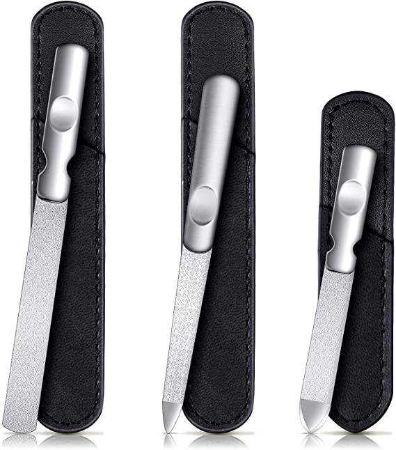 3 Pieces Stainless Steel Nail Files with Leather Case, Double Sided Metal Nail Files with Anti-slip Handle, Metal Nail File Buffer Manicure Pedicure Tools for Fingernail Toenail (Black)