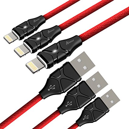 Lightning Cable Aimus [3Pack] 6FT Cotton Braided W/ LED Light USB Charging Cord for iPhone Charger X / 8/ 8 Plus / 7 / 7 Plus / 6 / 6 Plus / 5 / 5S / 5C / SE, iPad Mini 2 3 4 Air iPod (Red)