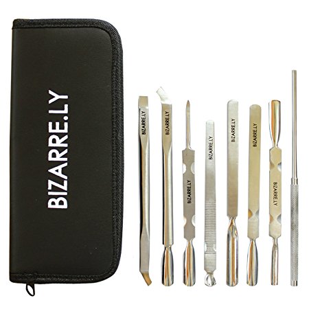 BEST BIZARRE.LY 8 Piece Cuticle Pusher Care Set - PROFESSIONAL Manicure Nail TOOLS - HIGH QUALITY - STAINLESS STEEL - Perfect For REPAIRING, FIXING, SHAPING, NIPPING and CLEANING Cuticles On ALL Nails
