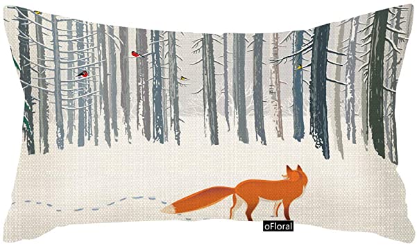 oFloral Throw Pillow Case Decorative Cushion Cover Rectangle Pillowcase, Winter Forest Landscape Fox Bird Sofa Bed Pillow Case Cover(12x20inch) Twin Sides