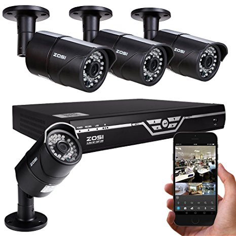 ZOSI 8CH 720P AHD DVR with 4pcs 720P 1200TVL HD Outdoor Metal Housing Weatherproof CCTV Security Camera System NO included Hard disk -100feet Night Vision -IR Cut built in -Quick Remote Access via smart phone