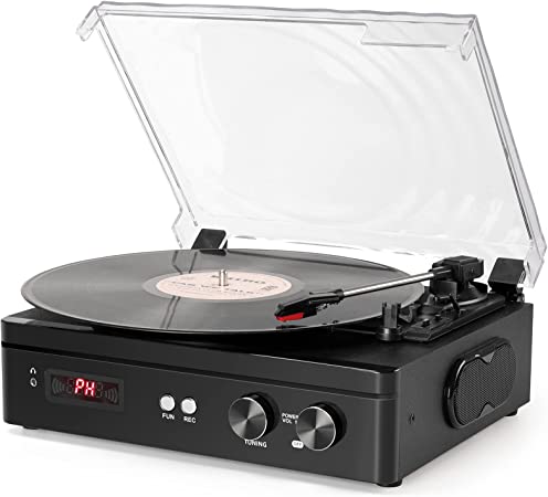 Record Player with Speakers Portable Turntable for Vinyl Records Support Wireless USB Recording FM Radio AUX-in RCA, 3 Speed Belt-Driven Vintage LP Phonograph