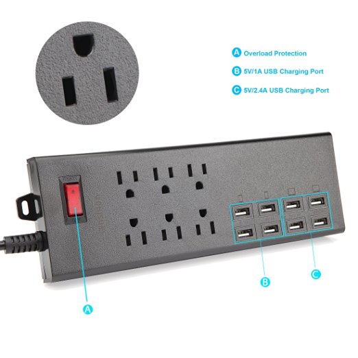 Power Strip, Lanshion 6-Outlet (1625W/13A) with 8-USB (5V/2.4A*4 and 5V/1A*4) Surge Protector with 6.5ft Cord Suit for Home/Office (Black )