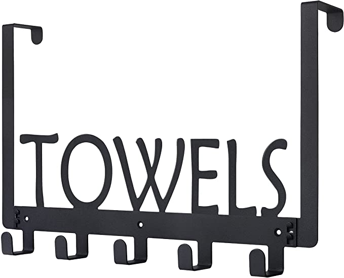 Over The Door Towel Racks with 5 Hooks, Dual-use Towels Holder for Bathroom , Black Metal Towel Hanger for Door and Wall Mounted